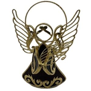 Stained Glass Angel Playing Harp Deep Red and Gold Figurine Votive Candle Holder